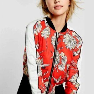 EXPRESS Reddish Orange/Multi Floral Bird Print Soft Bomber Jacket Women's Medium